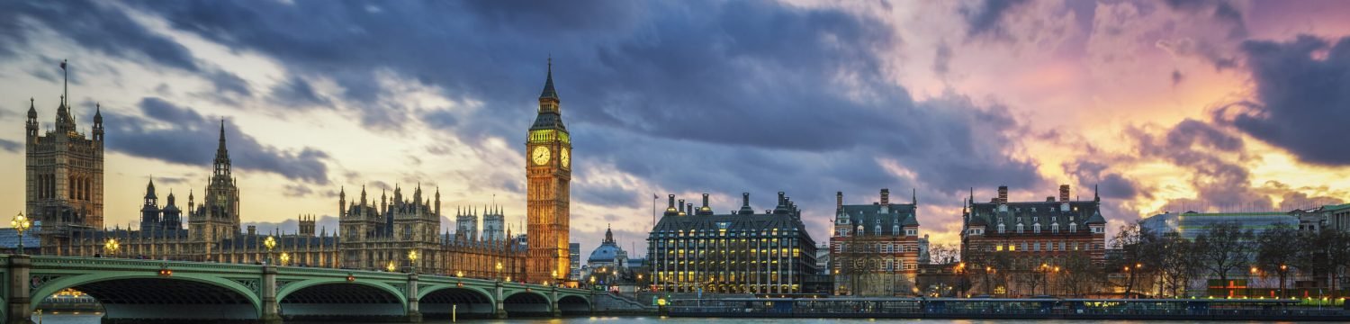 Panoramic view of Big Ben in London at sunset, UK.